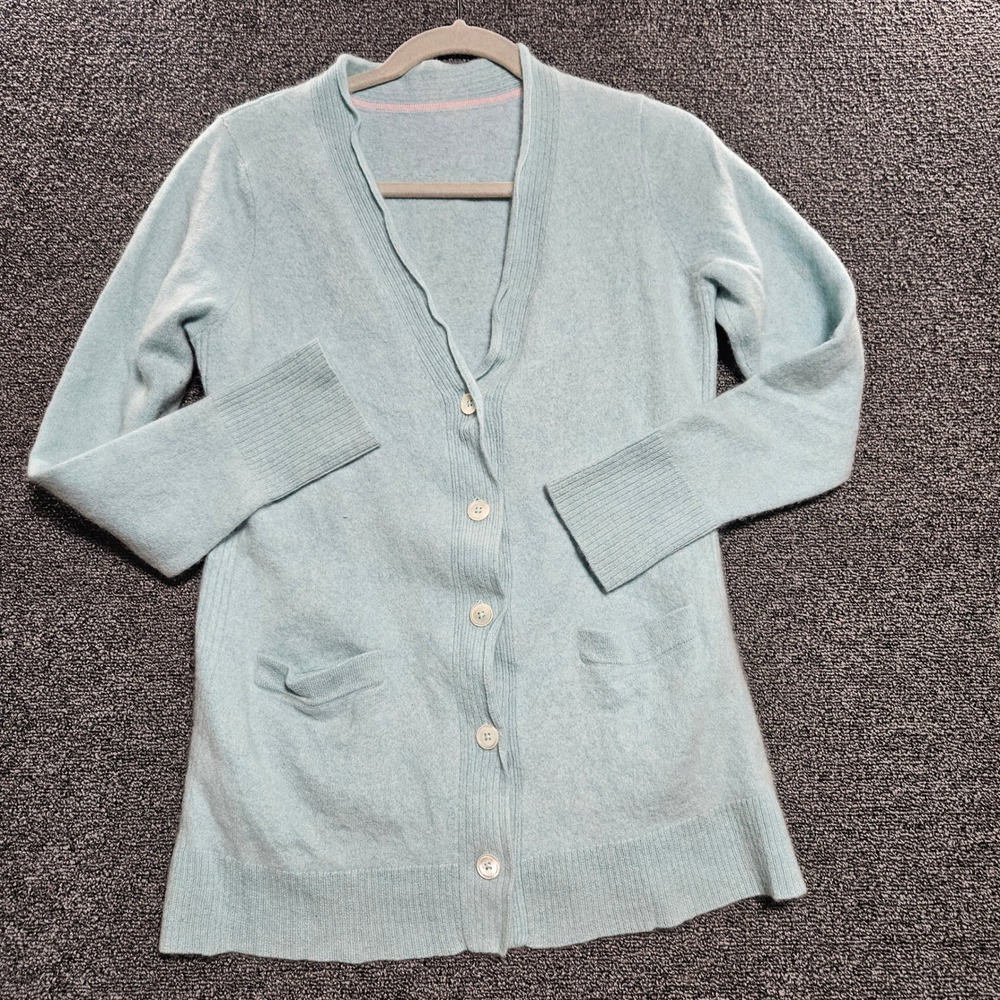 100% Cashmere Light Blue Longline Button Front V-Neck Pocket Cardigan A267701
